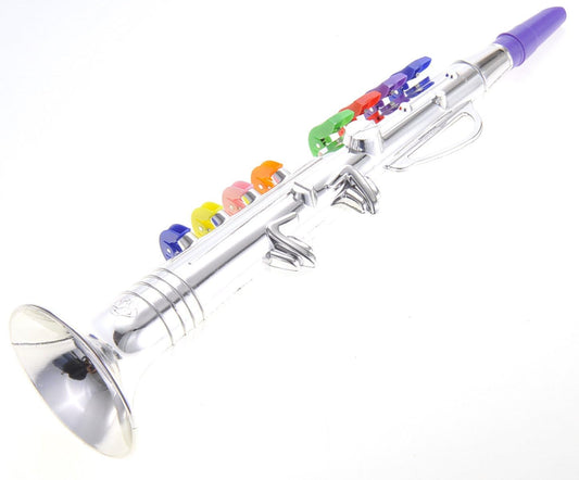 Kids Clarinet Music Toy | Wind Musical Instrument | 8 Colored Keys | Toddlers | Learning Clarinet | Metallic Silver