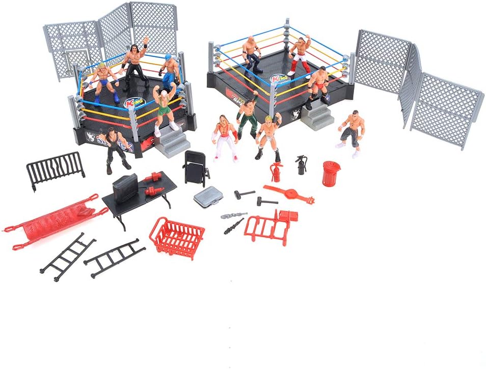 32 Pieces Wrestling Toys, Wrestler Play Set with 2 Wrestle Rings (Hexagon & Square), 12 Wrestlers, 18 Accessories, Toy Figures Cake Topper Birthday Party Decoration Gift Toy for Kids