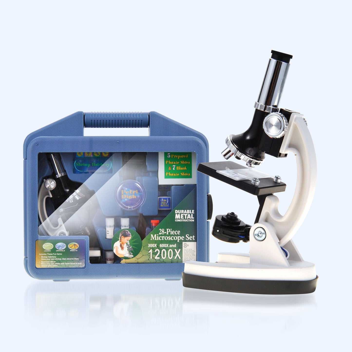 52-pcs Beginner Microscope STEM Kit with Metal Body Microscope, Plastic Slides, LED Light and Carrying Box (M30-ABS-KT2-W),White