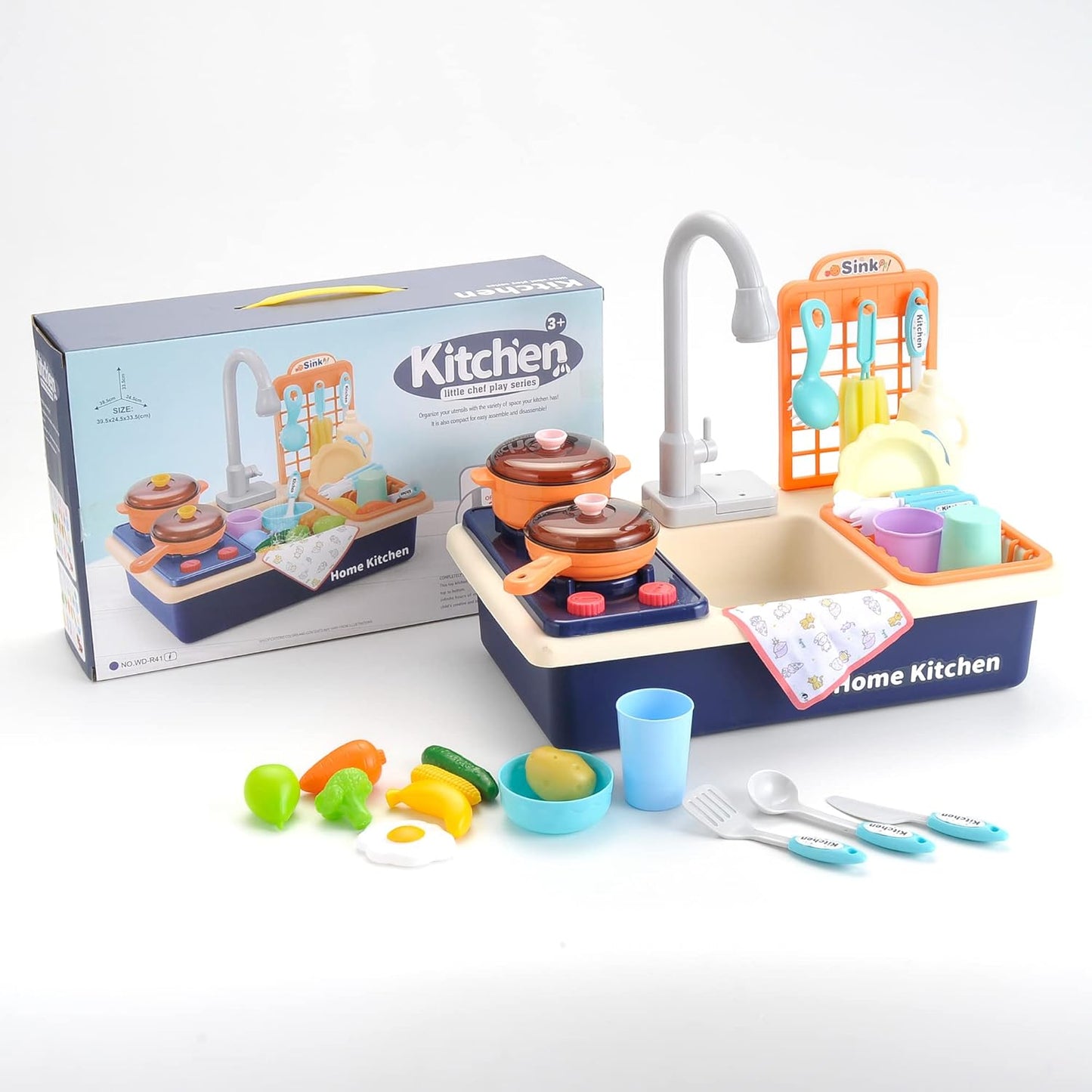 Pretend Kitchen Sink Play Set with Cooking Stove, Pots and Pans, Dishes and Cutting Food | Comes with Realistic Water Circulation and Spray | Lights and Sound (2 Sets)
