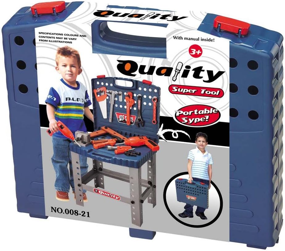 PowerTRC Kids Tool Workbench Set with Electronic Cordless Drill and 11 Pretend Play Construction Tool Accessories