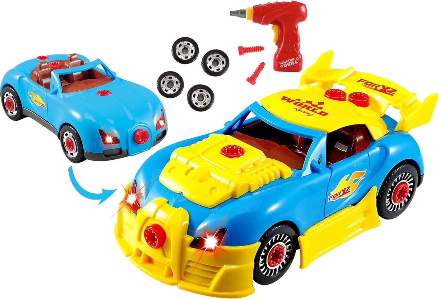 Take Apart Racing Car Toddler Toys Set, 30 Pcs Stem Learning Education Toy Build Your Own Car Construction Set with Drill, Light, Sound