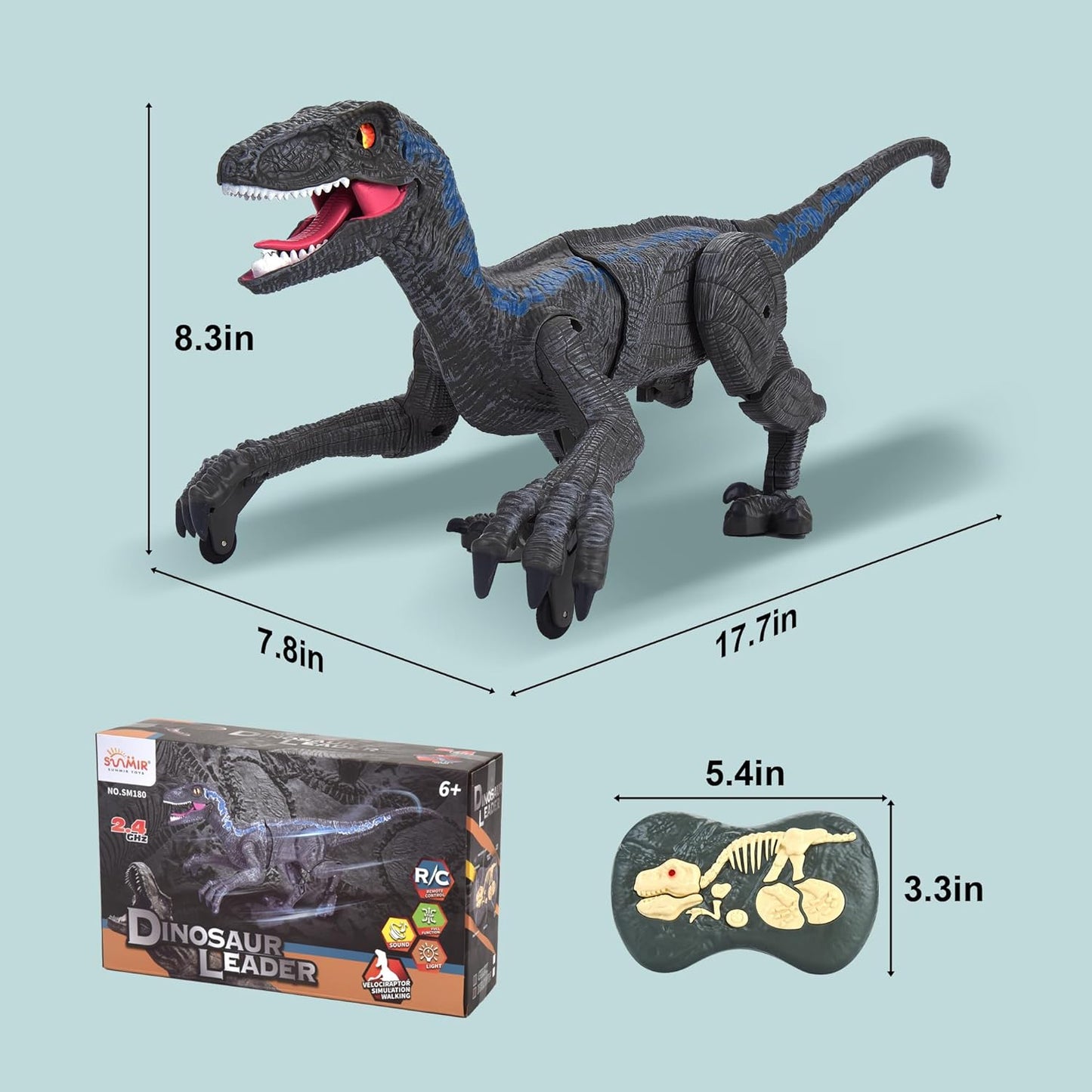 Remote Control Dinosaur for Kids Ages 3 4 5 6 7 8 9 10, RC LED Roaring Sound Rechargeable USB Port Realistic Outdoor 2.4G RC Dinosaur Toys Gifts for Boys Kids 3-10 Years Old Velociraptor Toys, Gray