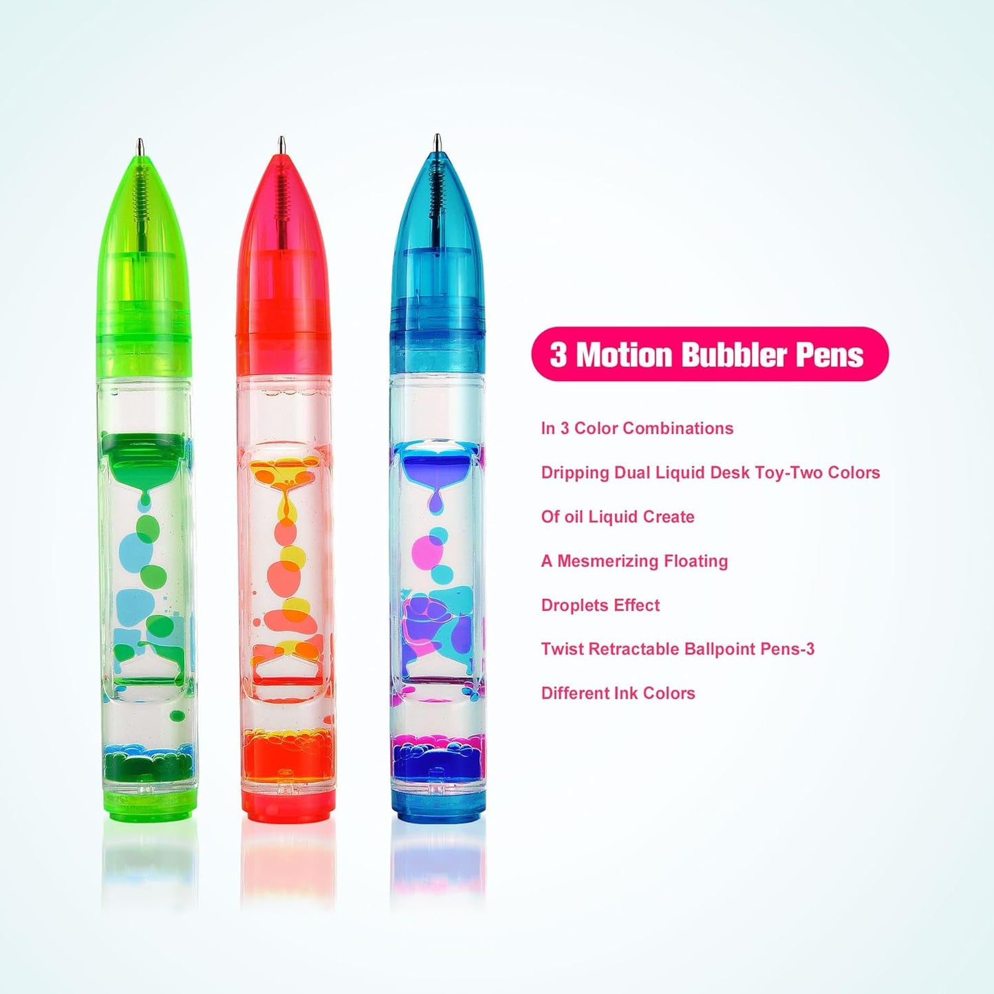Liquid Motion Bubbler Pens Toy, Liquid Timer Pen with Retractable Ball Point Pen, Colorful Anxiety Stress Relief Calming Relaxing Writing Cool Fidget Toys for Kids & Adults (Red, Blue, Green)