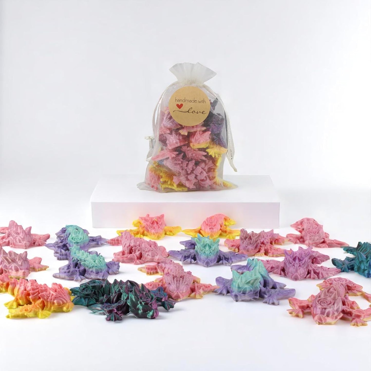 PowerTRC 3D Printed Cute Baby Dragon Wyverns (Pack of 10) – 3 Inch Articulated Desk Toys, Flexible Fidget Dragons, Party Favors, Gift Bag Fillers, Rainbow Mixed Colors with Drawstring Bag