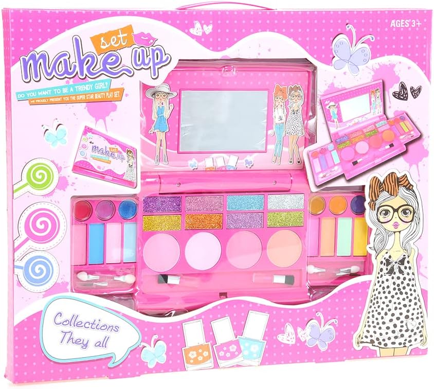 PowerTRC Washable Makeup Pretend Play Set for Kids | Fold-Out Cosmetic Kit with Mirror | Safe, Non-Toxic Toy Makeup Palette for Girls