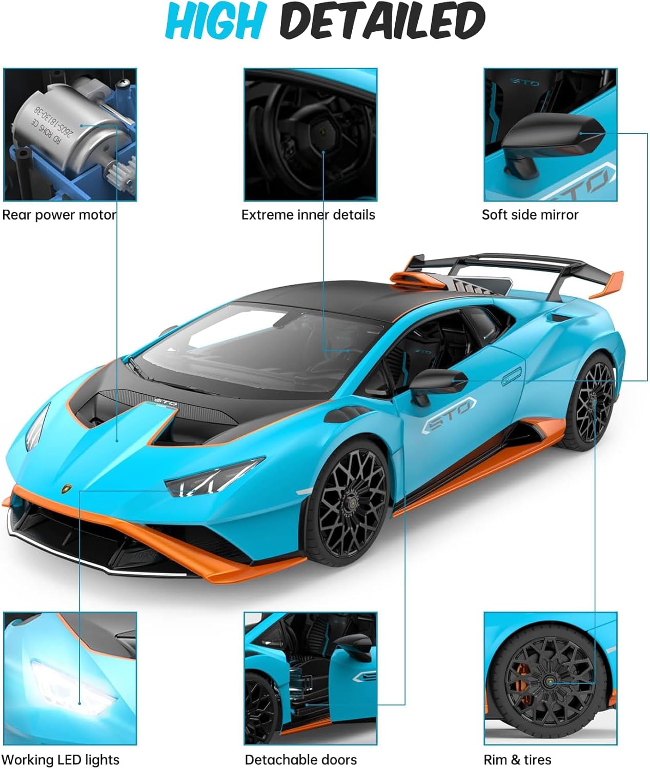 PowerTRC Official Licensed RC Lamborghini Car R/C 1/14 Lamborghini Huracan STO Model Car 2.4 GHZ Blue Lamborghini Toy Car Remote Control Car for Boys 8-12 Hobby RC Cars