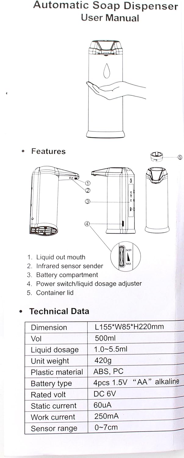 Automatic Touchless Soap Dispenser, 500ml Battery Operated Dish Soap Dispenser with Dispensing Volume Control, Ideal Soap Dispenser for Kitchen Sink, Hand Soap Dispenser, Bathroom, Chrome