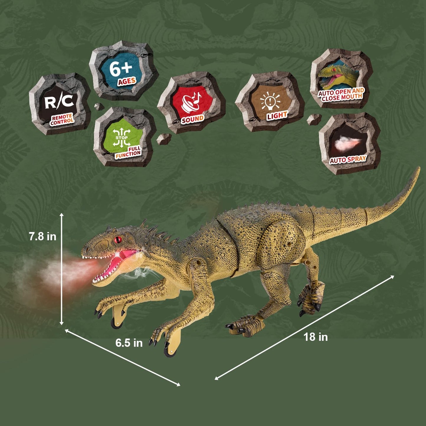 Remote Control Dinosaur for Kids Ages 3 4 5 6 7 8 9 10, Auto Mist Spraying RC LED Sound Rechargeable USB Port Realistic Outdoor 2.4G RC Dinosaur Toys Gifts for Boys Kids 3-10 Years Old Indo Rex Toys