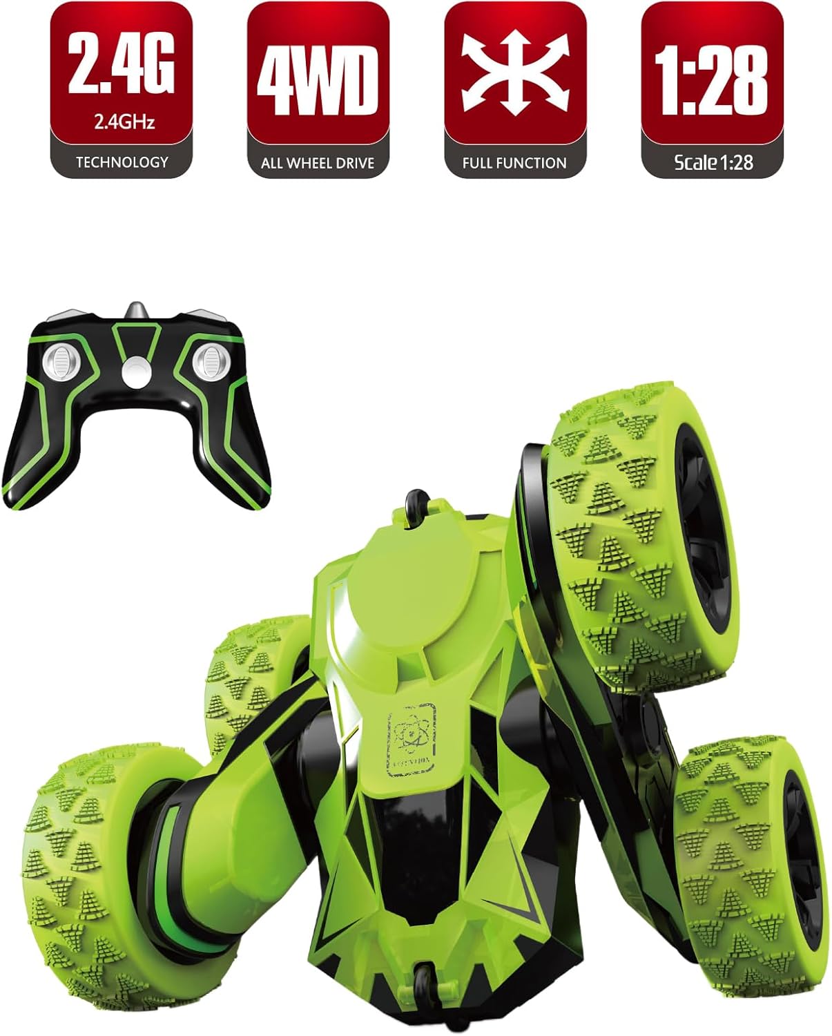 PowerTRC RC Stunt Remote Control Car 360° Rotating 4WD Double-Sided Flips Toy for Boys Girls Birthday Gift Green