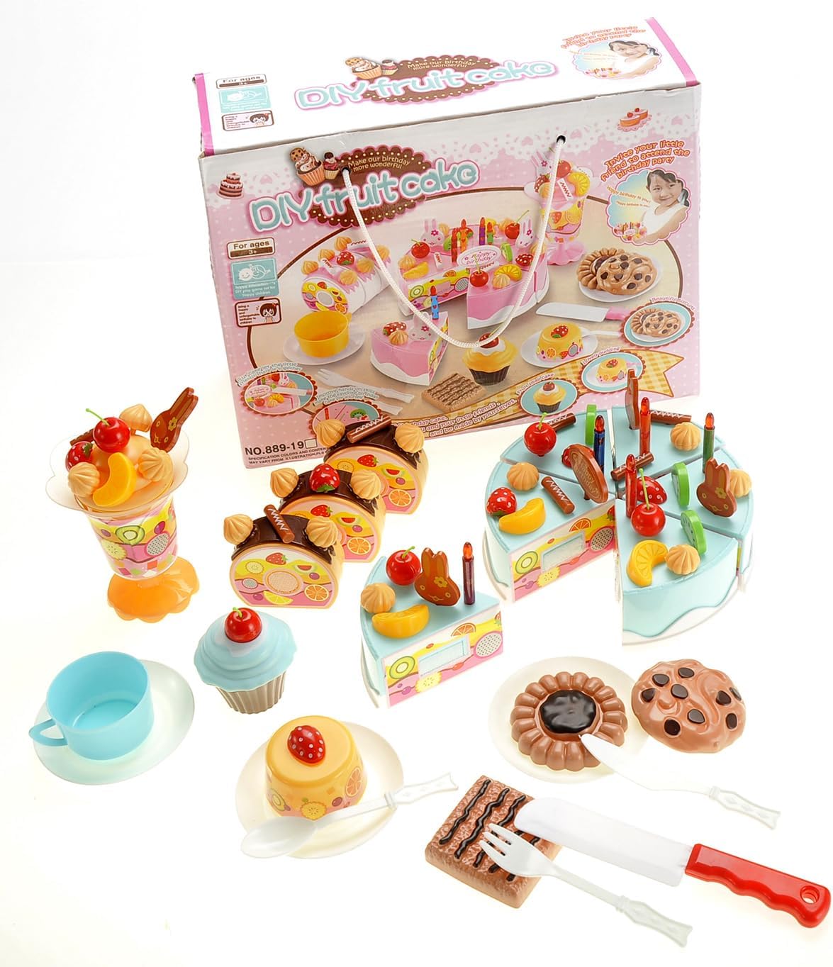 75 Pcs DIY Birthday Cake Food Cutting Kitchen Toy Set | Pretend Party Role Play Sweet Tea Party Set Gift with Cake, Ice Cream, Biscuit, Removable Candles & Stickers for Kids (Blue)