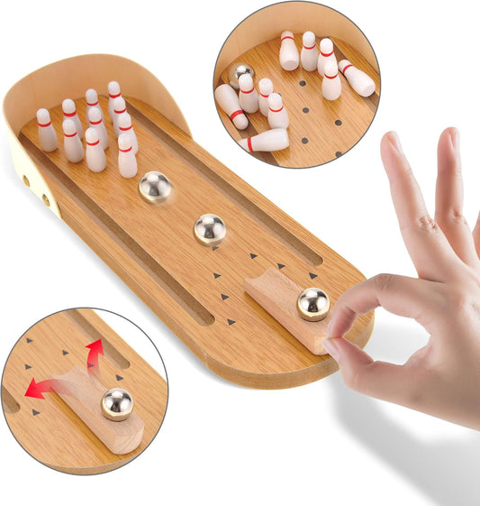 Mini Bowling Set Wooden Table Top Mini Arcade Game Toy Portable Mini Bowling Office Desk Stress Relief Desktop Gift for Kids and Adults Fun Toys