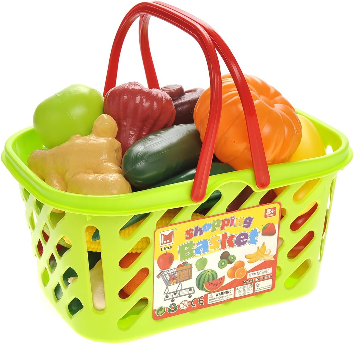 Fruits and Vegetables Shopping Basket Grocery for Kids Girls Boys (Educational Early Age Basic Skills Development Play Food Set)