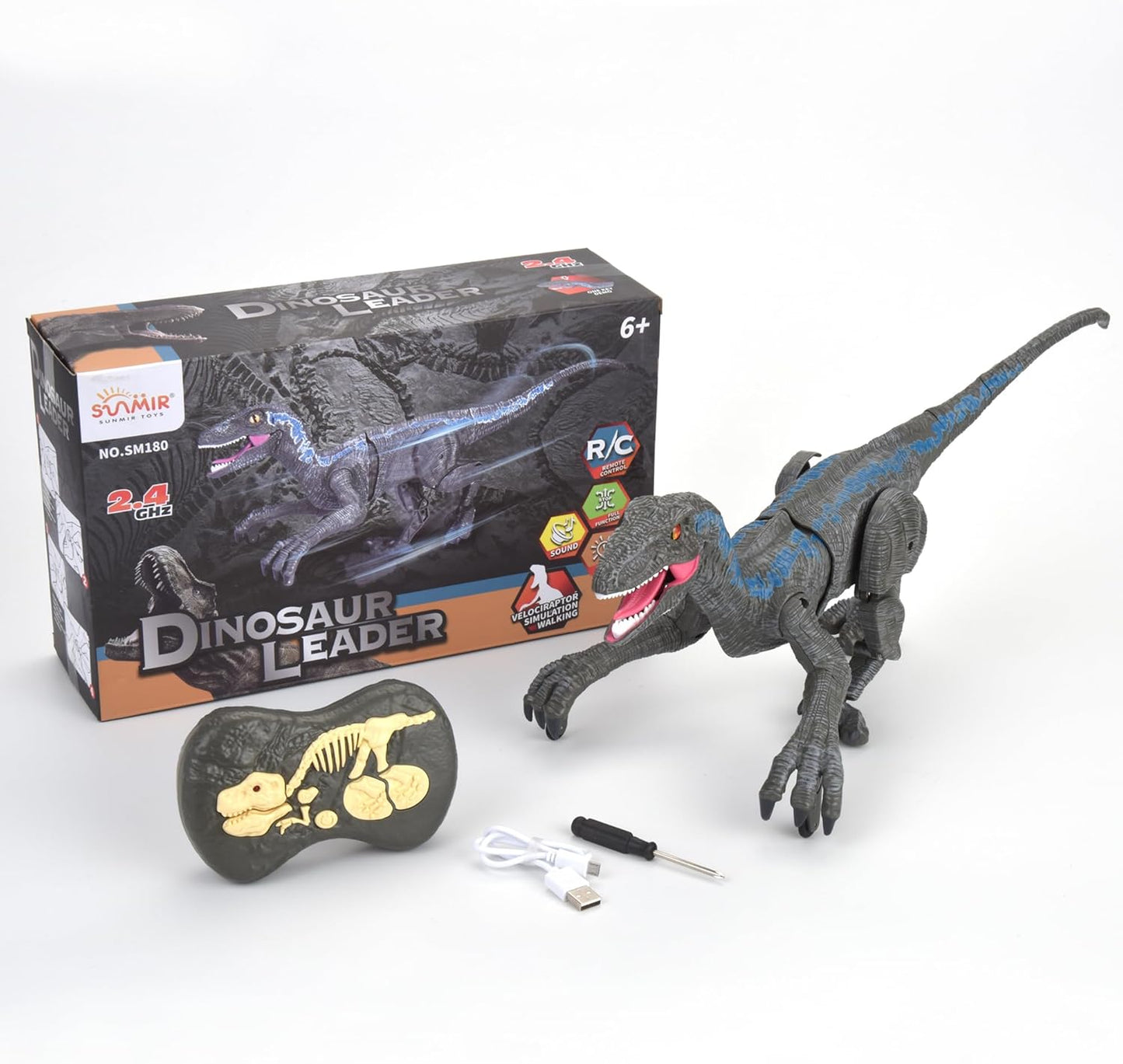 Remote Control Dinosaur for Kids Ages 3 4 5 6 7 8 9 10, RC LED Roaring Sound Rechargeable USB Port Realistic Outdoor 2.4G RC Dinosaur Toys Gifts for Boys Kids 3-10 Years Old Velociraptor Toys, Gray