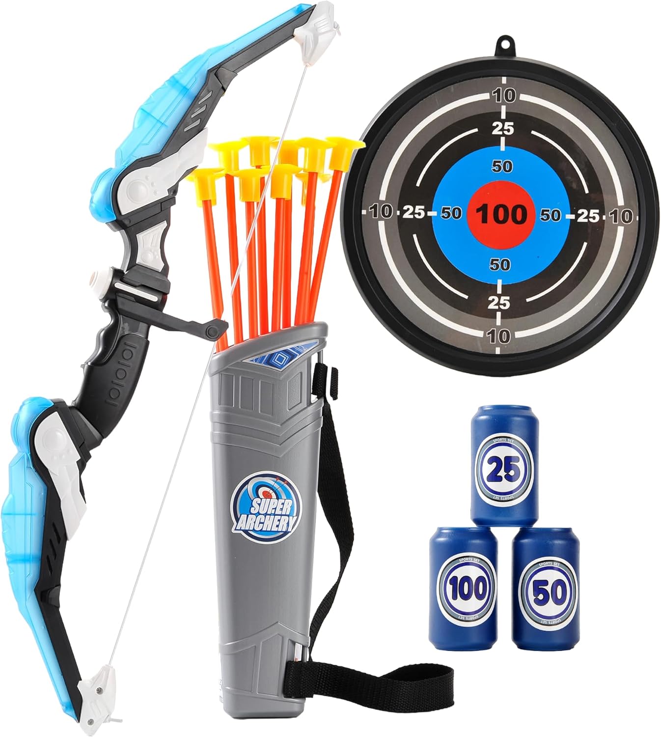 2 Pack Bow and Arrow Set for Kids 8-12, Suction Cup Bow and Arrow Game Set with Target Practice LED Light Up Kids Archery Set Outdoor Play Toys 2 Quivers 2 Blasters 20 Arrows & Darts