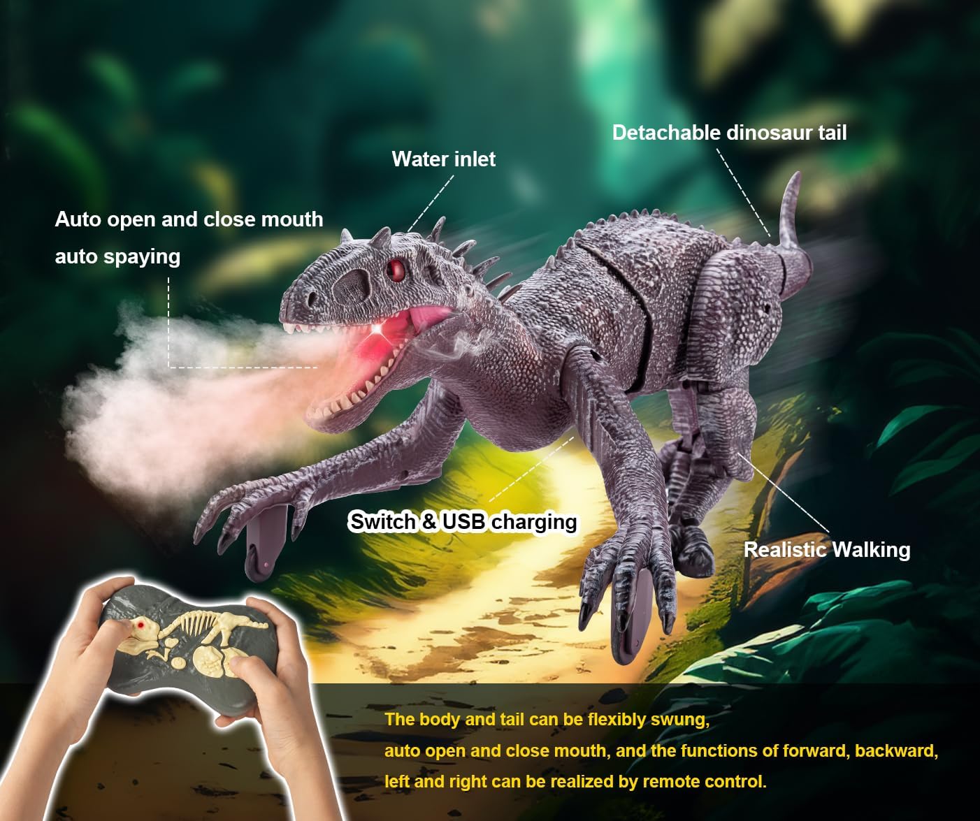 Remote Control Dinosaur, Auto Mist Spraying RC LED Sound Rechargeable USB Port Realistic Outdoor 2.4G RC Dinosaur Toys
