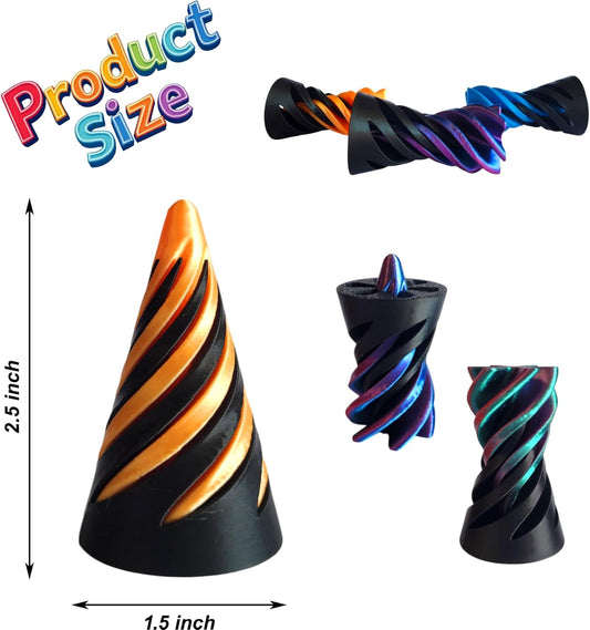 PowerTRC 3D Printed Impossible Passthrough Cone Fidget Toy (Set of 3) – Optical Illusion Desk Toys, 2.5 Inch – Orange, Blue, Tri-Color Red Blue Green