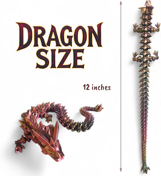 PowerTRC 3D Printed Crystal Dragon (Tri-Color Black Red Gold) - Flexible 3D Printed Toy, Gift Bag Filler, Desk Decoration, Party Favor, Easter Basket Stuffers (12 Inch Dragon)