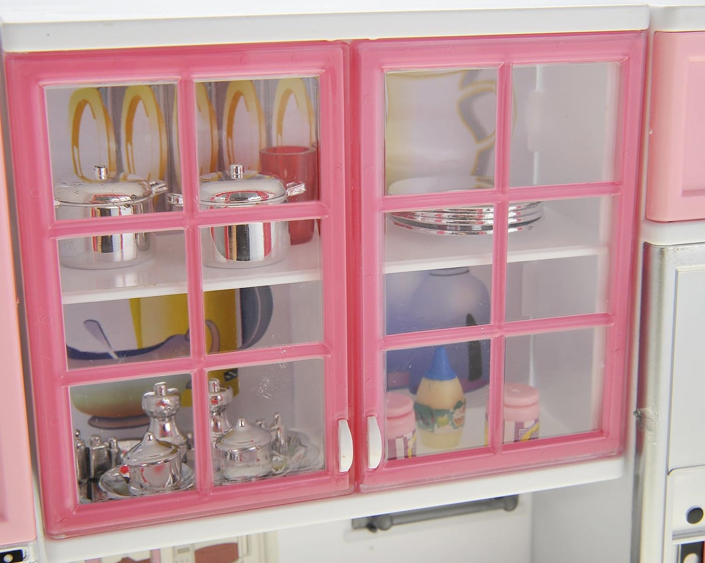 Doll Kitchen Play Set, Mini Modern Toy Pink Kitchen Pretend Play Furnitures Toy Set Accessories Set with Realistic Light & Sound for Kids Toddlers Girls (3-in-1)