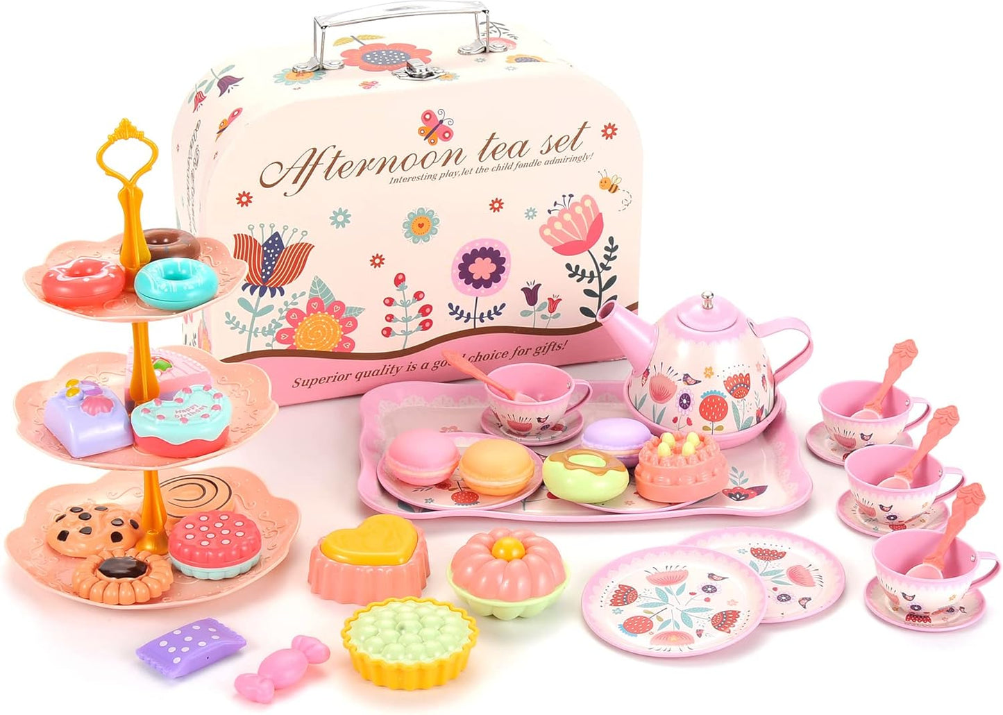 PowerTRC Tea Set for Little Girls, 48 Pcs Princess Tea Party Set for Toddlers 3 4 5 6 7 8 Years Old Girl Pretend Toys Birthday Gift with Tin Tea Set, Utensils, Desserts & Carrying Case