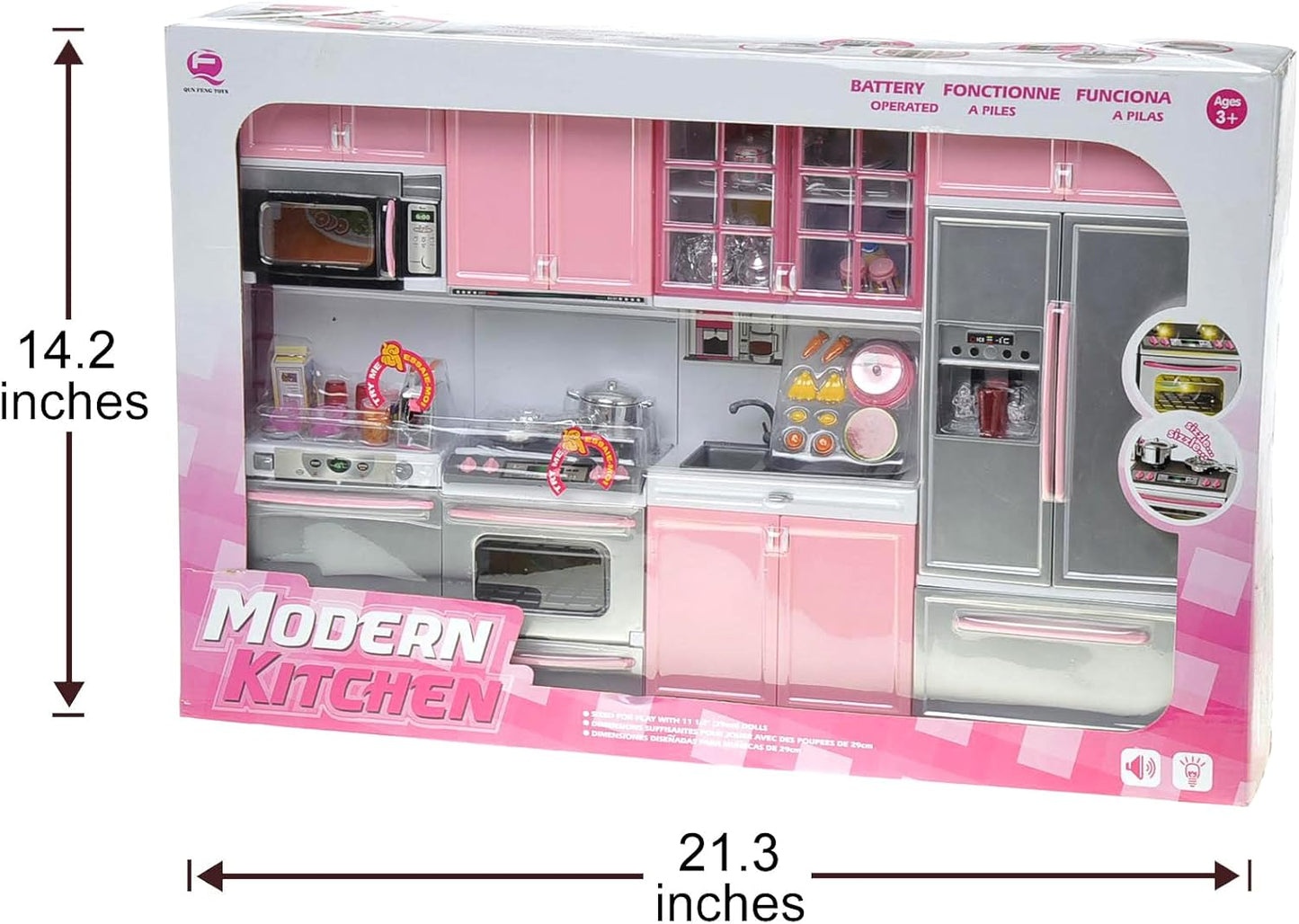 Kitchen Play Set, Mini Modern Toy Pink Kitchen Pretend Play Furnitures Toy Set Accessories Set with Realistic Light & Sound for Kids Toddlers Girls (4-in-1)