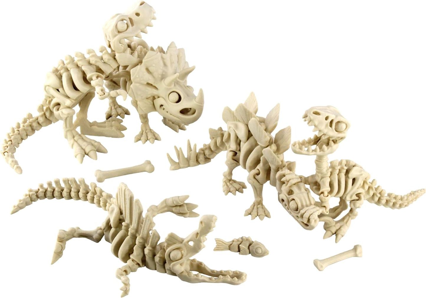 PowerTRC 5PCS 3D Printed Dinosaur Skeletons, T-Rex Triceratops Stegosaurus Velociraptor Spinosaurus Fidget Toys, 3D Printed Dragon Animals Toys, Articulated 3D Figurine Stress Relief Toy (Bone White)