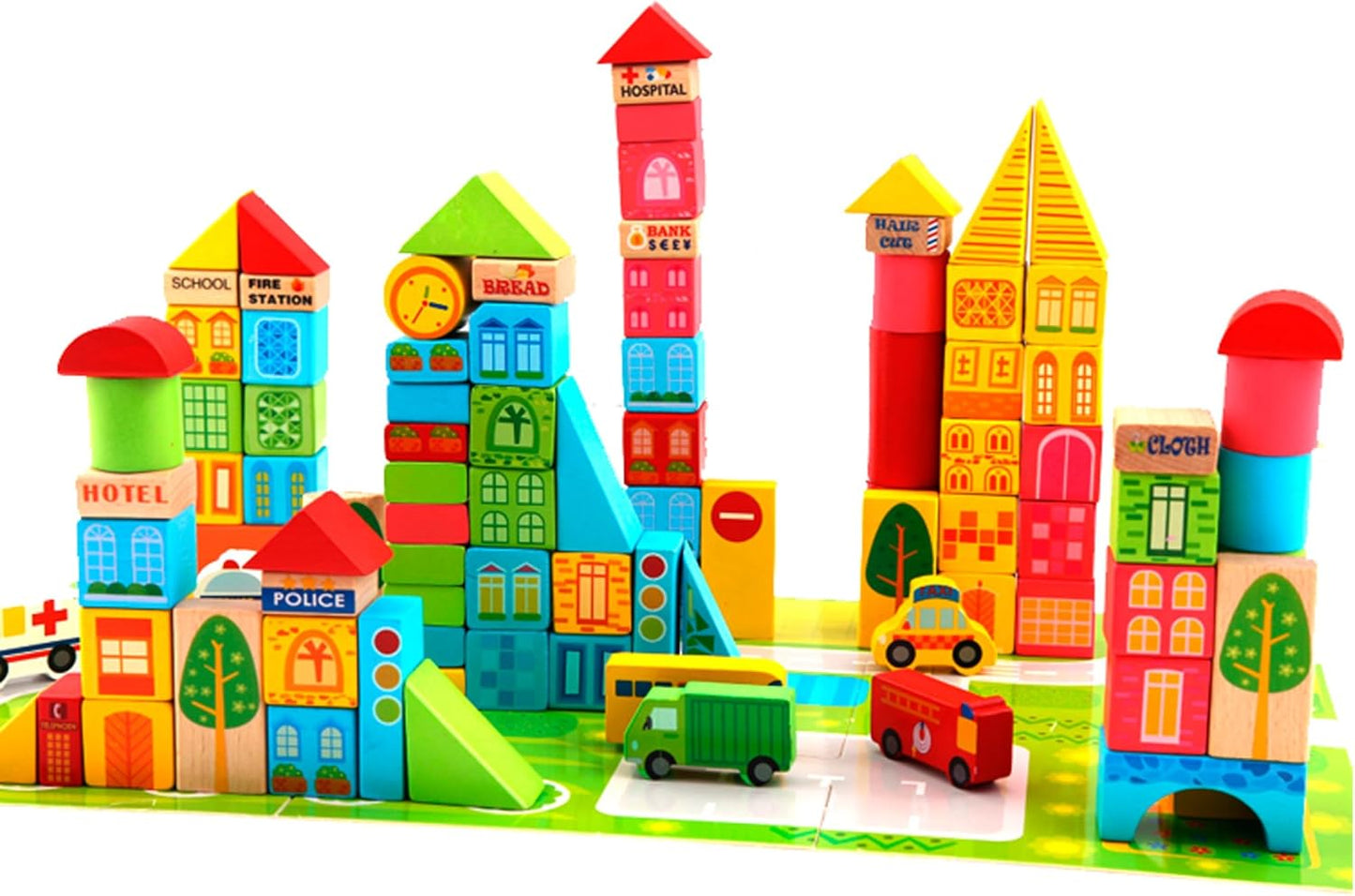 PowerTRC Wooden City & Transportation Colorful Building Blocks for Boys & Girls | Toddler Construction Stacking Toy Set with Storage Container (100 Pieces)