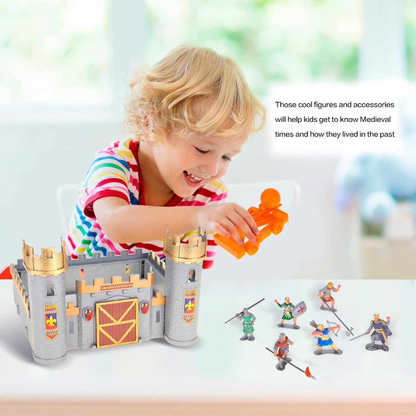 Roman Era Kingdom Action Figures with Toy Armys, Knights, Horse, Castle, Treasure Chests, Catapult and Figurines Playset for Kids