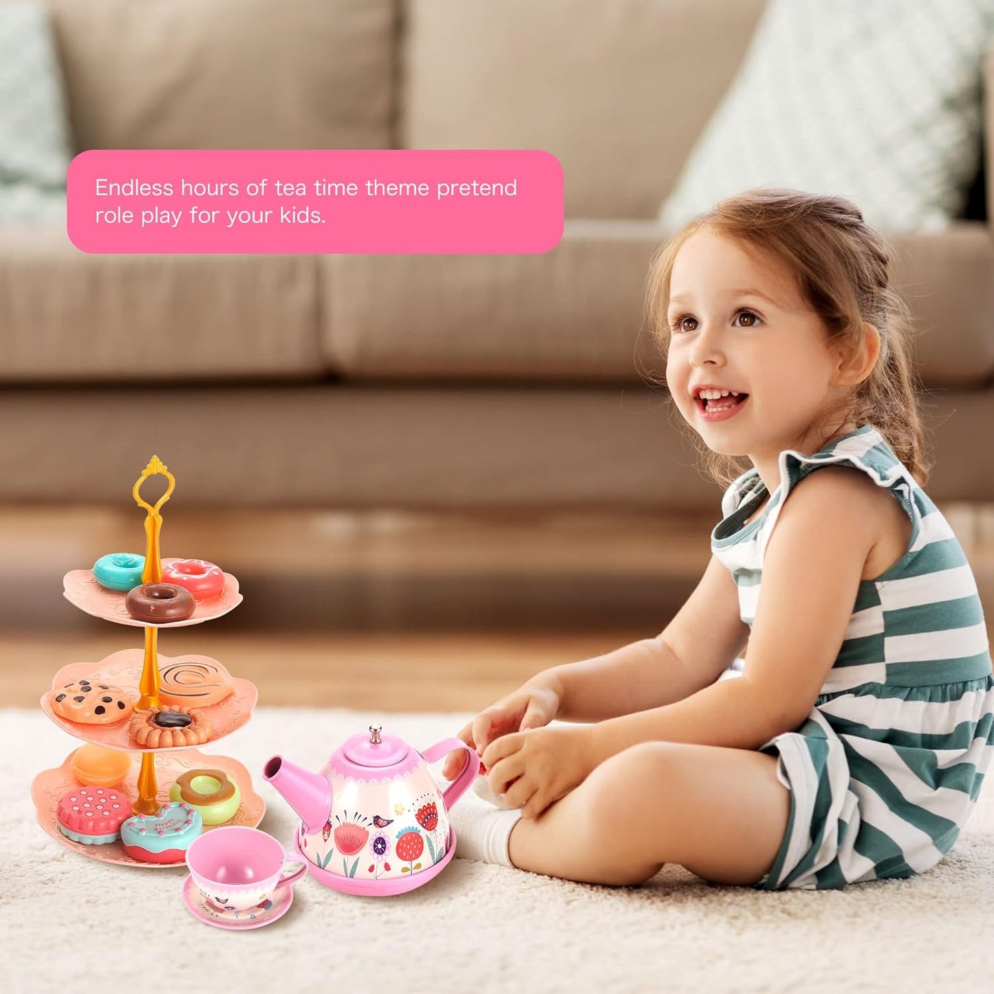 PowerTRC Tea Set for Little Girls, 48 Pcs Princess Tea Party Set for Toddlers 3 4 5 6 7 8 Years Old Girl Pretend Toys Birthday Gift with Tin Tea Set, Utensils, Desserts & Carrying Case