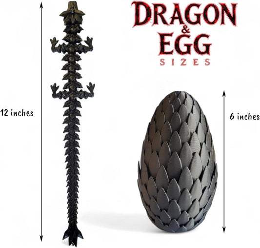 3D Printed Crystal Dragon with Egg (Black Color) – Flexible 3D Printed Toy Set, Includes 12 Inch Dragon and 6 Inch Egg, Gift Bag Filler, Desk Decoration, Party Favor, Easter Basket Stuffers