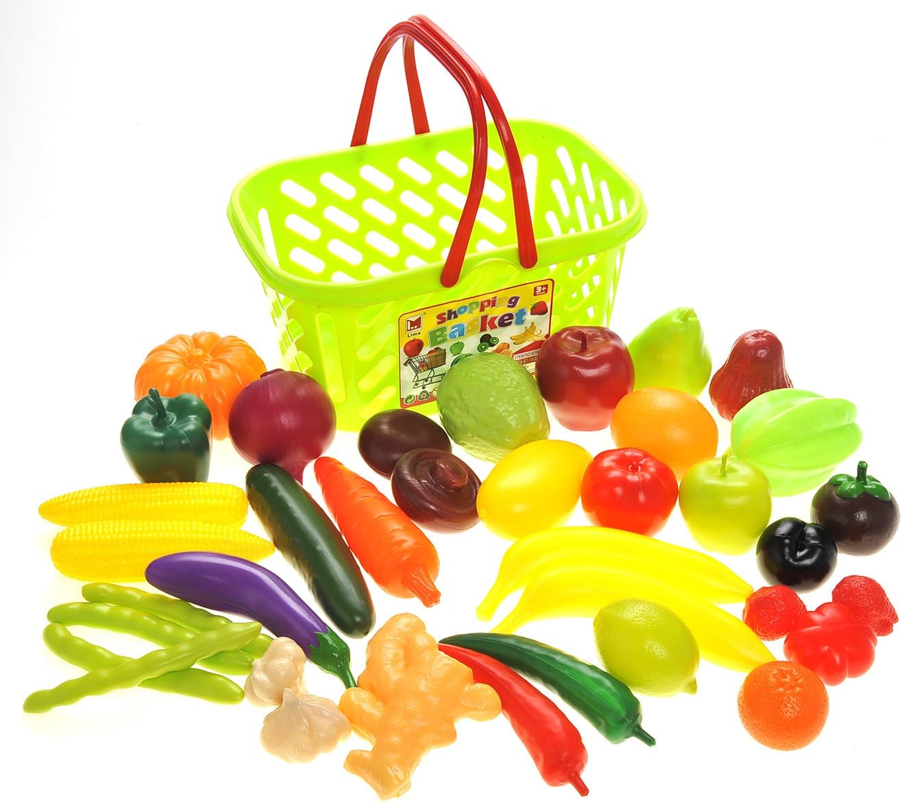 Fruits and Vegetables Shopping Basket Grocery for Kids Girls Boys (Educational Early Age Basic Skills Development Play Food Set)