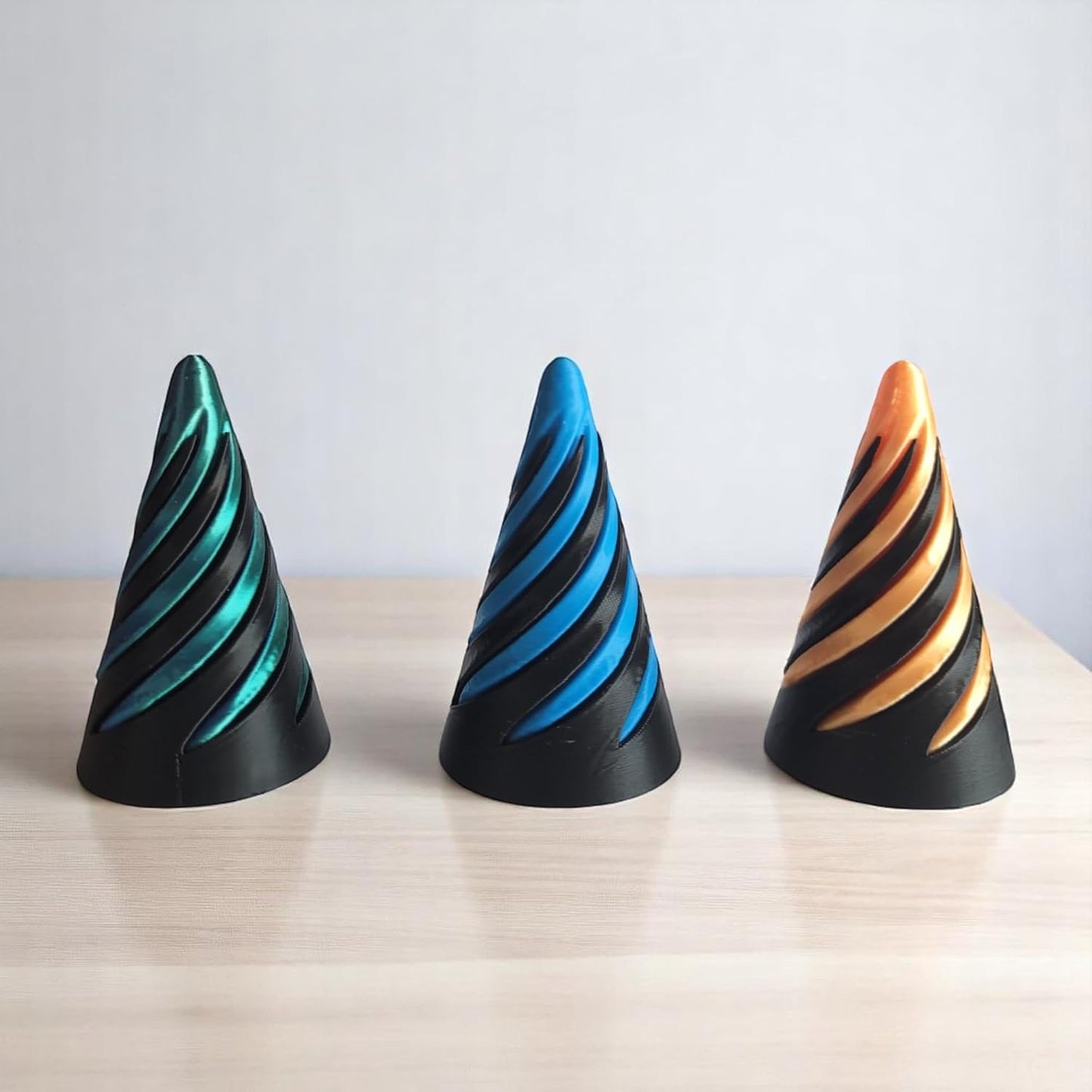 PowerTRC 3D Printed Impossible Passthrough Cone Fidget Toy (Set of 3) – Optical Illusion Desk Toys, 2.5 Inch – Orange, Blue, Tri-Color Red Blue Green