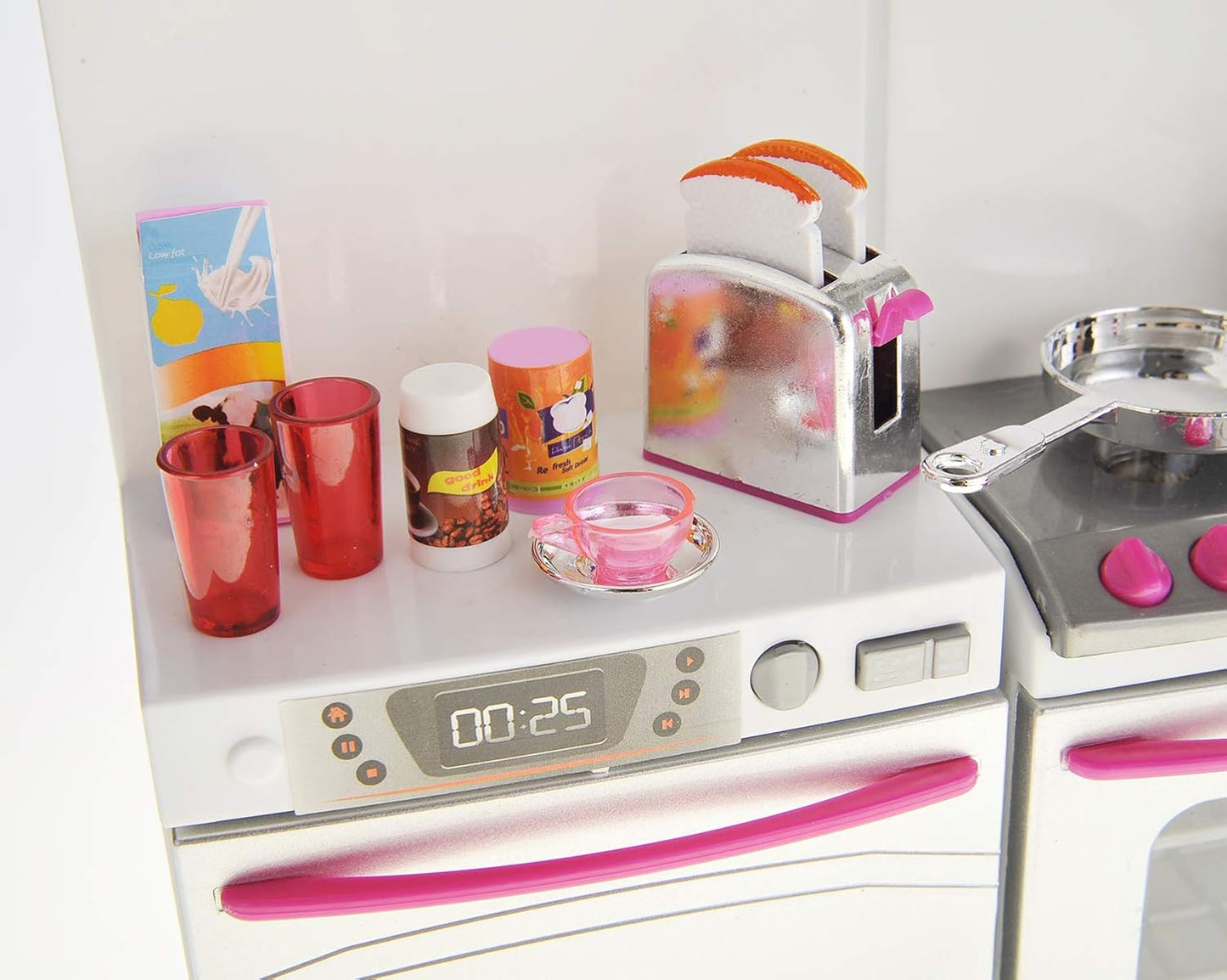 Doll Kitchen Playset, Mini Modern Kitchen Toys Pretend Play Furnitures Toy Sets Accessories Set with Realistic Light & Sound for Kids Toddlers Girls