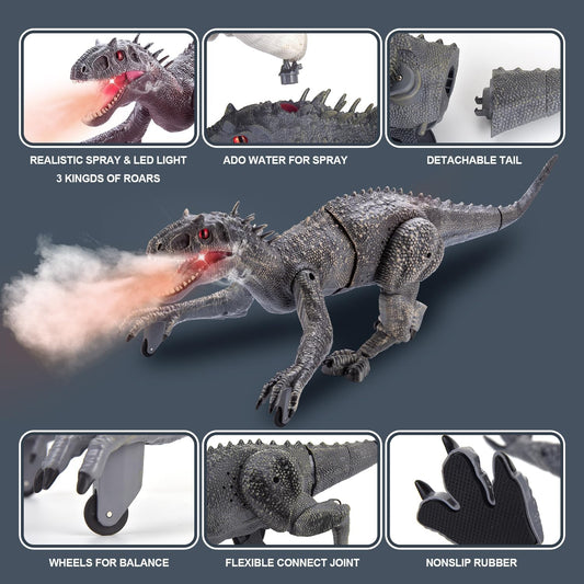 Remote Control Dinosaur, Auto Mist Spraying RC LED Sound Rechargeable USB Port Realistic Outdoor 2.4G RC Dinosaur Toys