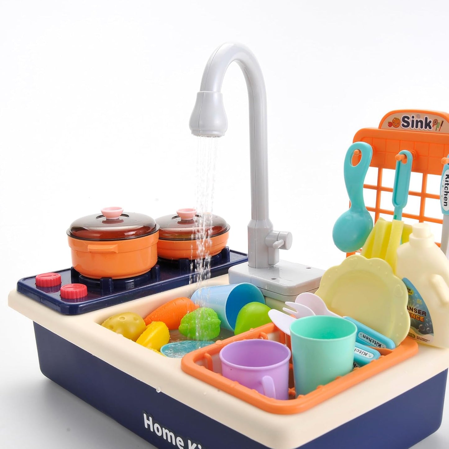 Pretend Kitchen Sink Play Set with Cooking Stove, Pots and Pans, Dishes and Cutting Food | Comes with Realistic Water Circulation and Spray | Lights and Sound (2 Sets)
