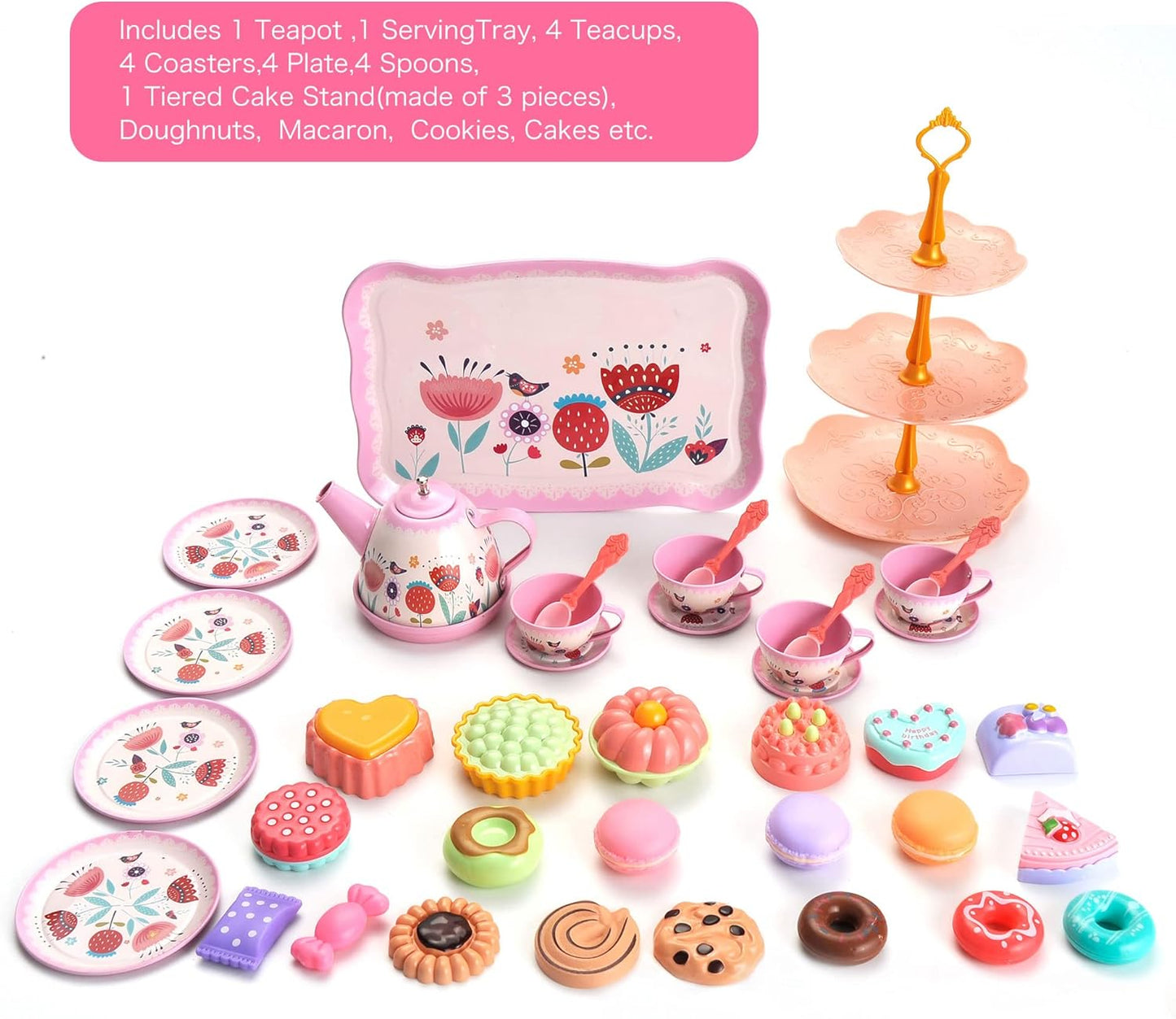 PowerTRC Tea Set for Little Girls, 48 Pcs Princess Tea Party Set for Toddlers 3 4 5 6 7 8 Years Old Girl Pretend Toys Birthday Gift with Tin Tea Set, Utensils, Desserts & Carrying Case