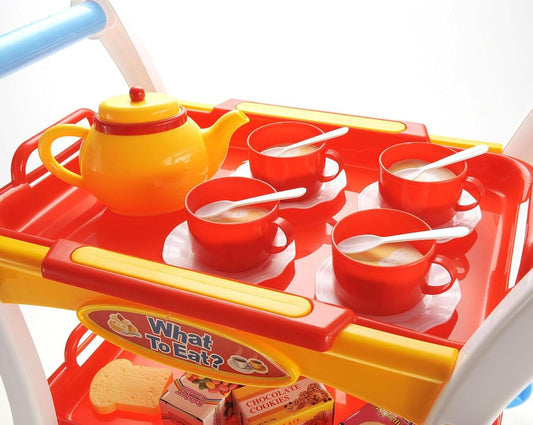 Tea Set Toy for Little Girls, Tea Trolley Cart w/ Tea Pots Cups Accessories, Tea Party Kitchen Pretend Play Set Gifts for Kids Toddlers Toys