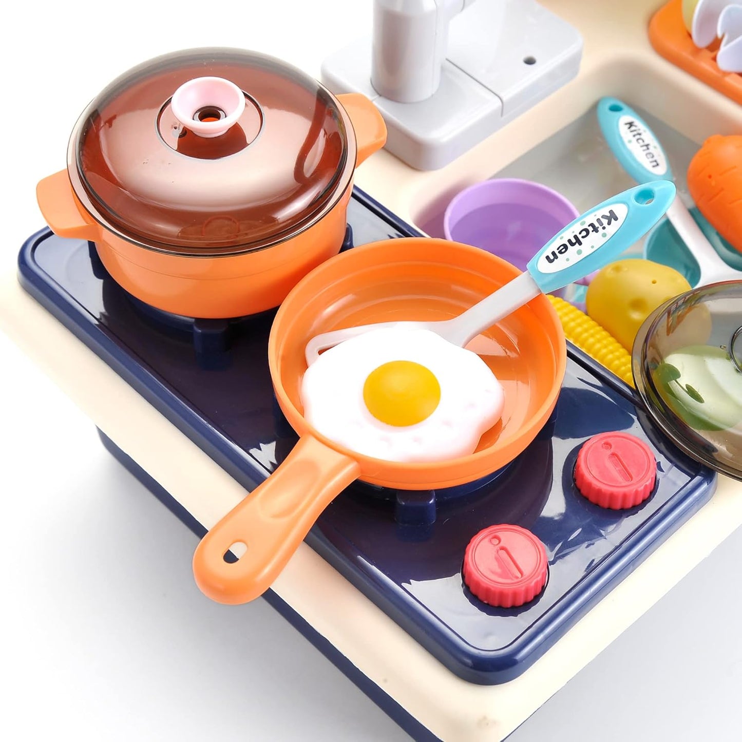 Pretend Kitchen Sink Play Set with Cooking Stove, Pots and Pans, Dishes and Cutting Food | Comes with Realistic Water Circulation and Spray | Lights and Sound (2 Sets)