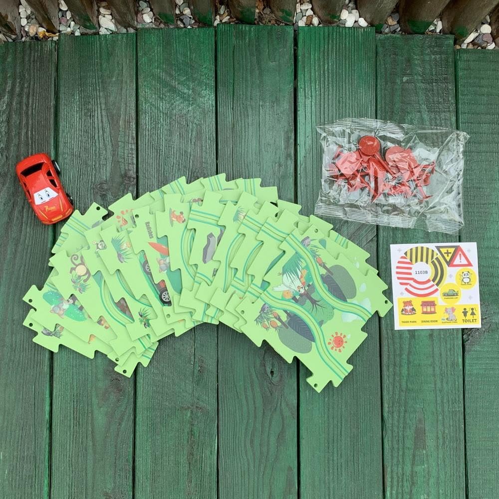 Puzzle Track Car Playset, 25 Pcs Puzzle Racer Kids Car Track Set, Toys for Boys 3-5, Floor Puzzle Adventure Track Set, Car Set for Boys 3-5 Toddler Toy Gift (Jungle Theme)