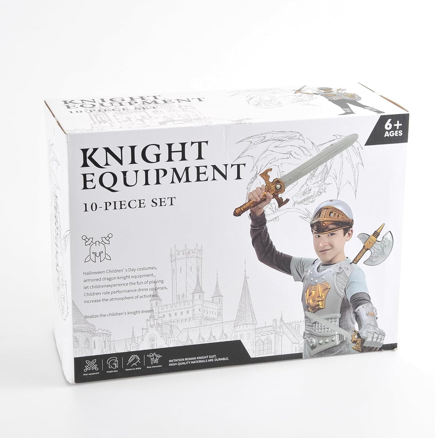 Medieval Knight in Shining Armor Toy for Kids with Helmet Swords Shields Accessories, Knight in Shining Armor Costume Pretend Role Play Cosplay School Party Halloween Dress Up