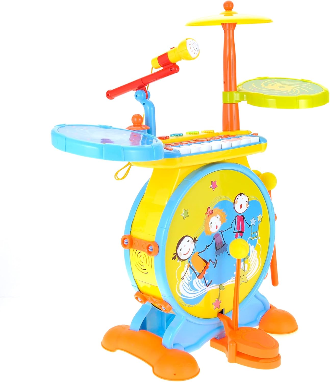 PowerTRC Deluxe 2 in 1 Keyboard and Drum Set Toy for Kids | Children's Musical Instrument Play Set Comes with Drum Set, Piano and Microphone | Colorful Lights and Sing-Along (Yellow)
