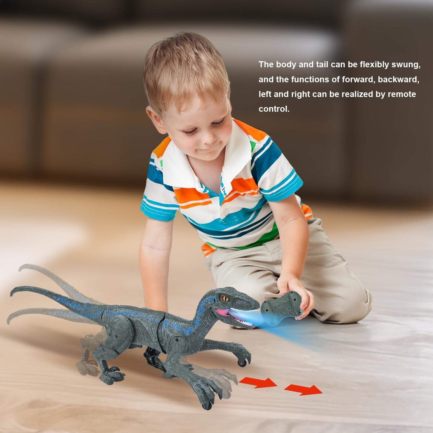 Remote Control Dinosaur for Kids Ages 3 4 5 6 7 8 9 10, RC LED Roaring Sound Rechargeable USB Port Realistic Outdoor 2.4G RC Dinosaur Toys Gifts for Boys Kids 3-10 Years Old Velociraptor Toys, Gray