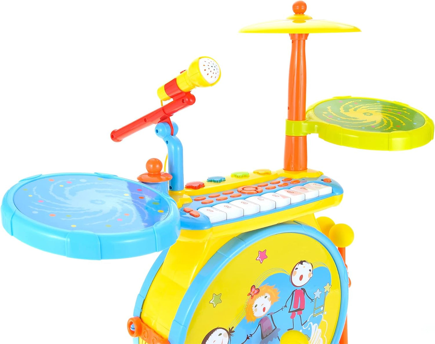 PowerTRC Deluxe 2 in 1 Keyboard and Drum Set Toy for Kids | Children's Musical Instrument Play Set Comes with Drum Set, Piano and Microphone | Colorful Lights and Sing-Along (Yellow)