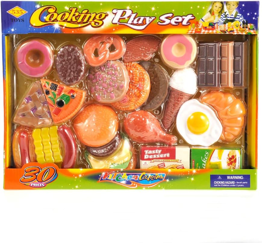 30 Pieces Deluxe Fast Food & Dessert Play Food Cooking Set| Colorful Pretend Play Kitchen Accessories | Unique Gift for Toddlers, Boys & Girls