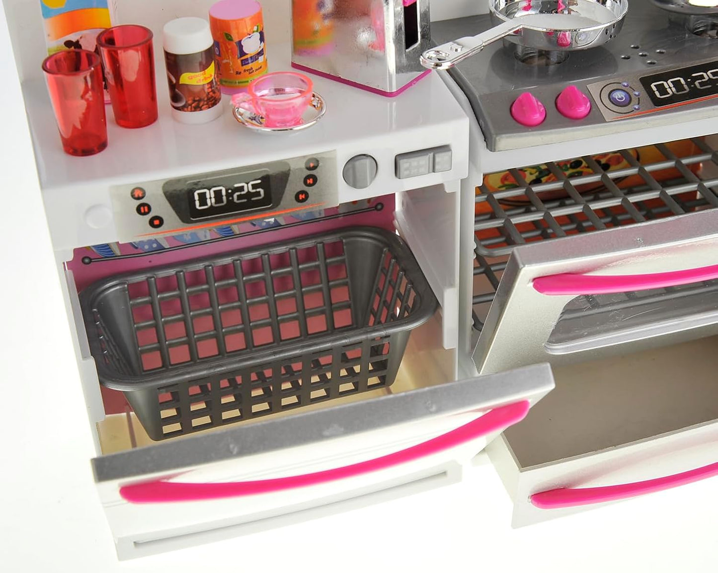 Doll Kitchen Playset, Mini Modern Kitchen Toys Pretend Play Furnitures Toy Sets Accessories Set with Realistic Light & Sound for Kids Toddlers Girls