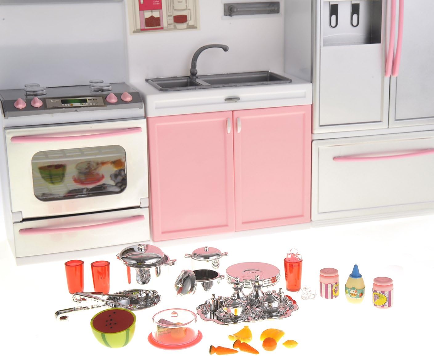 Doll Kitchen Play Set, Mini Modern Toy Pink Kitchen Pretend Play Furnitures Toy Set Accessories Set with Realistic Light & Sound for Kids Toddlers Girls (3-in-1)