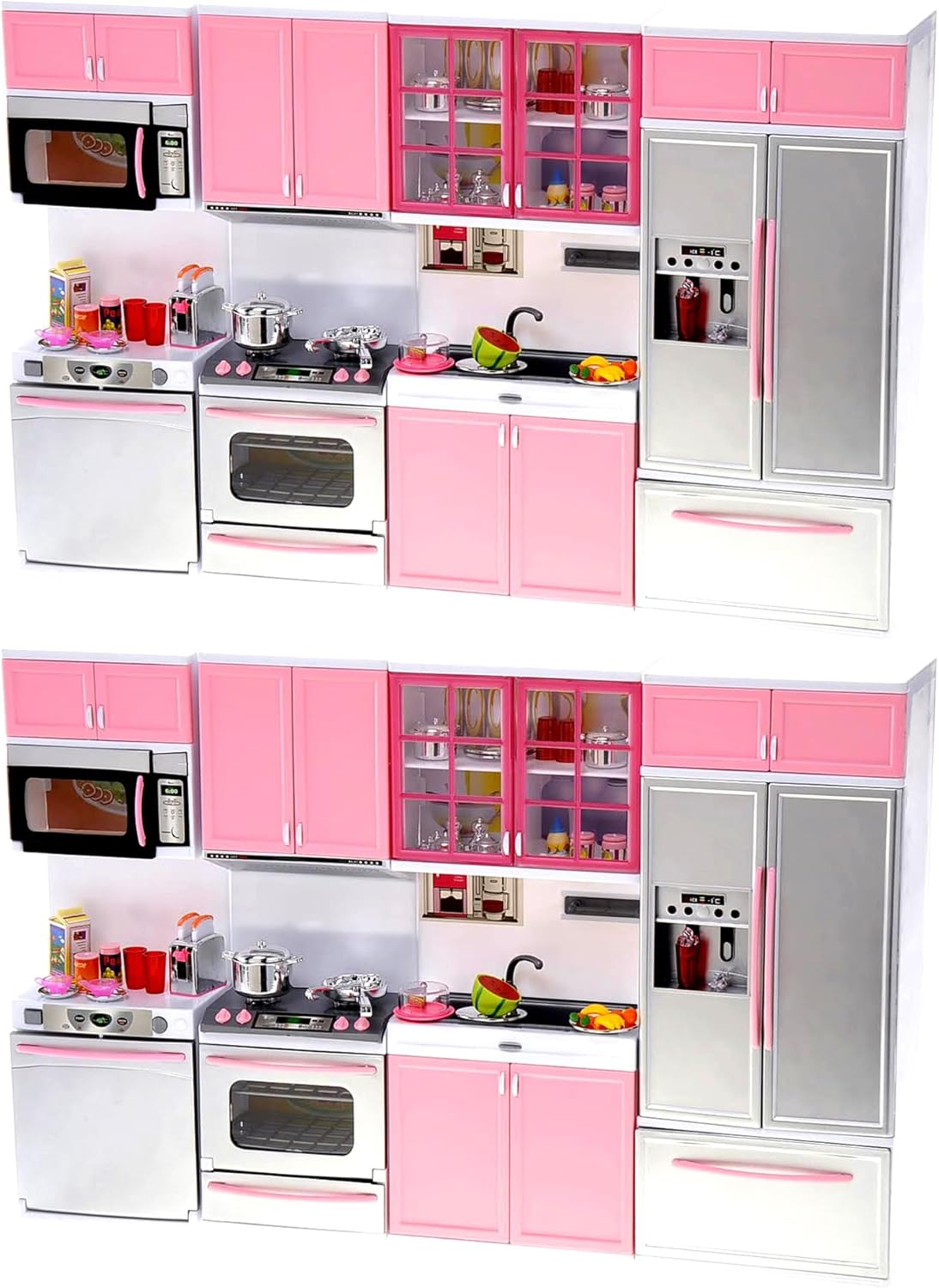 Kitchen Play Set, Mini Modern Toy Pink Kitchen Pretend Play Furnitures Toy Set Accessories Set with Realistic Light & Sound for Kids Toddlers Girls (4-in-1)
