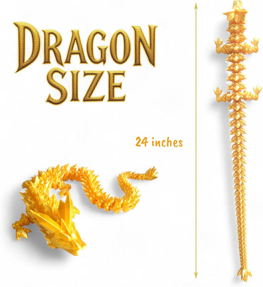 PowerTRC 3D Printed Dragon (Gold Color) - Extra Large Flexible Fidget 3D Printed Toy, Gift Bag Filler, Desk Decoration, Party Favor, Easter Basket Stuffers (24 Inch Dragon)