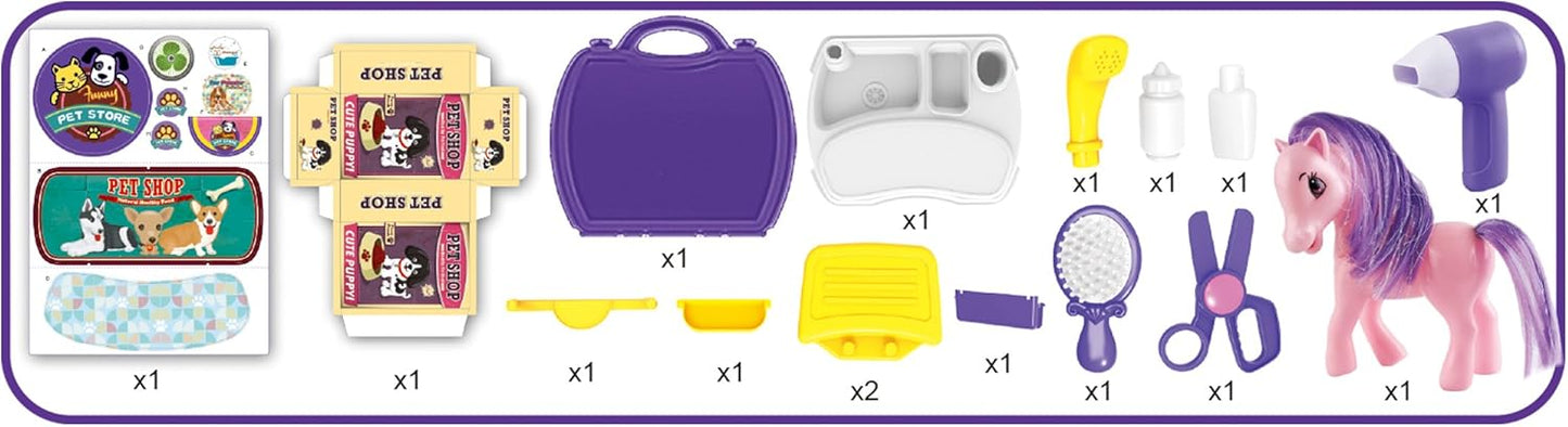 Little Pet Pony Doll Playset, Hair Styling Pony Toy with Travel Case and Accessories, Pretend Play Beauty Toys for Boys and Girls Ages 3 4 5 6 7, Interactive Fun Pont Doll Gift Set