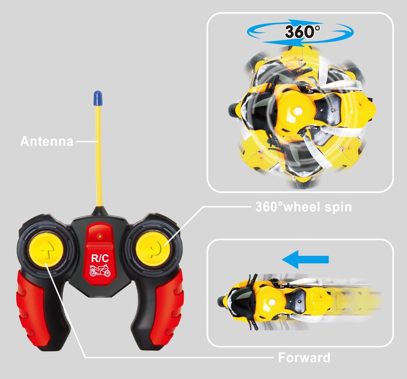 Unleash The Ultimate Racing Thrill | 360 Degree Rotate Spinning RC Race Motorcycle | Remote Control Race Biker with Dazzling Light and Sound Effect for Kids (Yellow)
